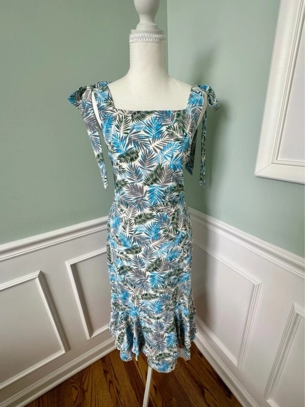 Square-Neck Tropical Leaf Maxi Dress in Blue & White